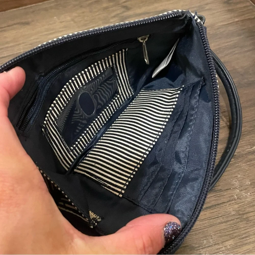 Thirty One Navy Striped Zipper Wristlet w/White Embroidered Flower
